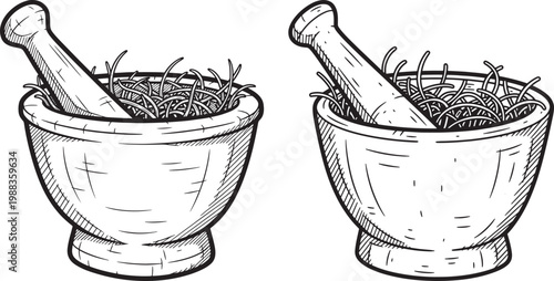 Mortar and pestle with herbs outline illustration herbal medicine grinding crushing kitchenware apothecary botanical ingredient preparation