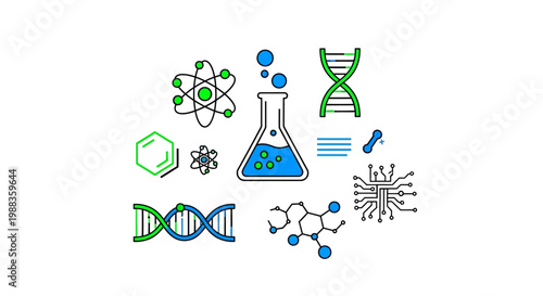 Conceptual illustration depicting scientific concepts, molecules, and genetic elements for research