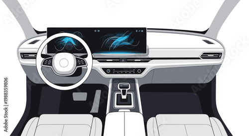 A futuristic automotive interior showcases a sleek white steering wheel and an expansive digital dashboard display within a meticulously designed cabin.