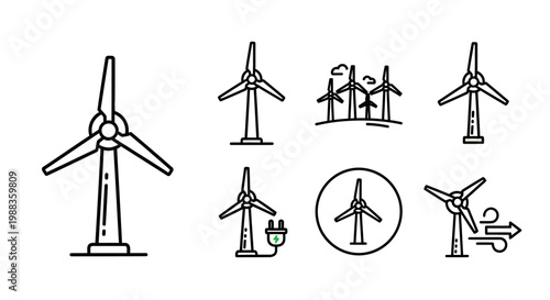 Minimalist Wind Turbine Icons Representing Renewable Energy Production in Simple Outlines