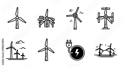 Minimalist Wind Turbine Icons: Renewable Energy and Sustainable Power Concepts Graphic
