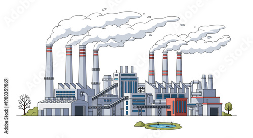 A sprawling industrial factory complex features several tall grey chimneys releasing thick white smoke into the air beside a small pond and green trees.