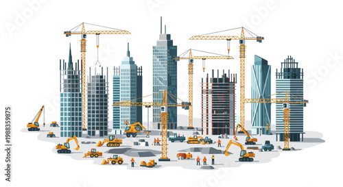 A detailed construction site illustration features numerous yellow excavators and workers building a cluster of modern skyscrapers under tall tower cranes.