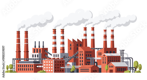 A vibrant industrial facility showcases red brick buildings and numerous striped chimneys emitting voluminous white smoke clouds across a white background.