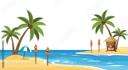 A vibrant tropical beach landscape features a traditional tiki mask hut alongside flaming torches and a striped umbrella under a bright white sky.