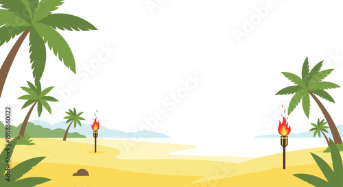 A serene tropical beach landscape showcases a wide sandy shore decorated with two flaming tiki torches and lush green palm trees against a white horizon.