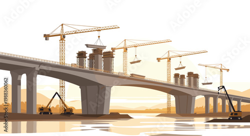 Industrial yellow tower cranes assemble a massive concrete highway bridge over a tranquil river during a warm golden sunset with soft hazy mountains.
