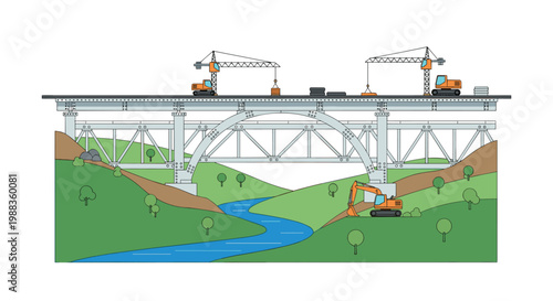 Detailed flat illustration showcases a sturdy grey steel truss bridge spanning across a winding blue river nestled between vibrant green rolling hills.