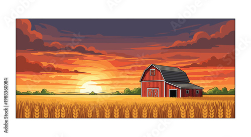 Large red wooden barn sits peacefully in a golden wheat field beneath a dramatic sky filled with heavy layered orange and purple clouds at sunset.