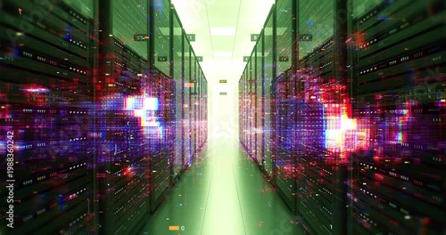 Artificial intelligence neural network processing in a data center. Technology And AI Related 3D Animation.