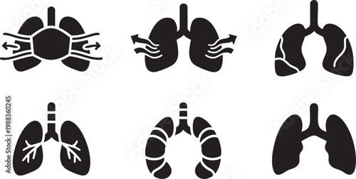 Human Lungs Anatomy and Respiratory System Healthcare Silhouette Icon Set