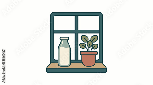 Window sill with plant and milk bottle