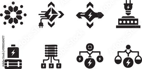 Power supply and electrical energy infrastructure silhouette icon set