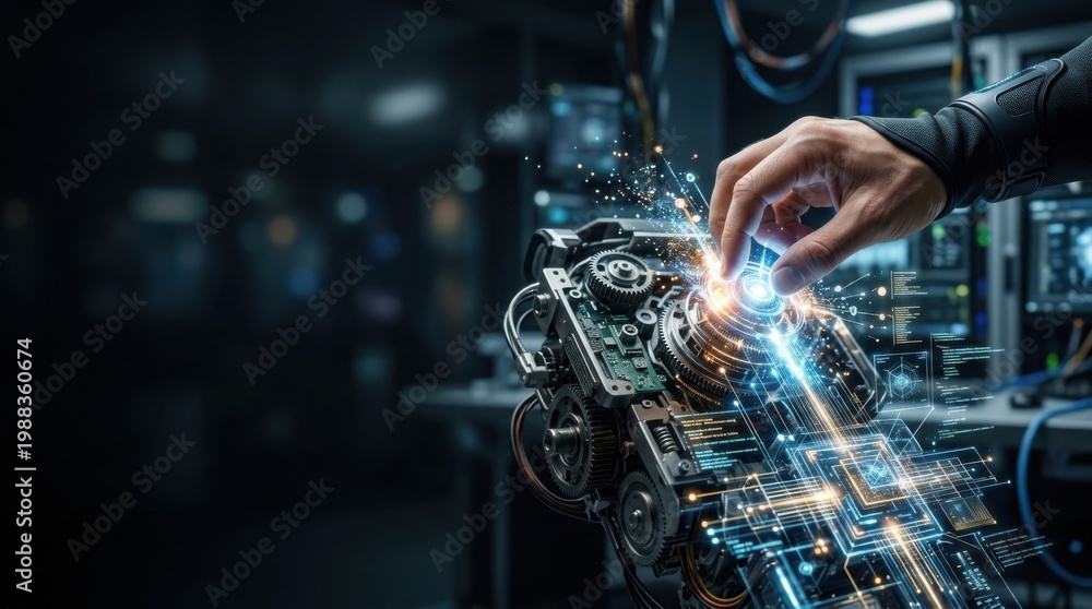 Fototapeta premium Person's hand engaging with a robotic device signifying the impact of ai on digital transformation and innovation
