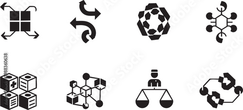 Blockchain technology and decentralized data network silhouette icon set