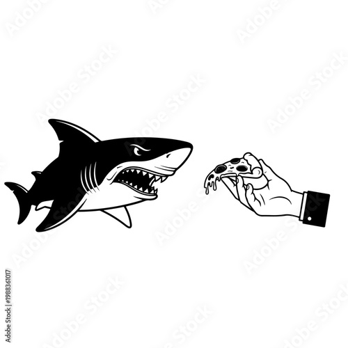 Surreal illustration of a great white shark being fed a slice of pizza by a human hand for creative branding humorous advertising or unique pop art wallpaper concept isolated on white background art.