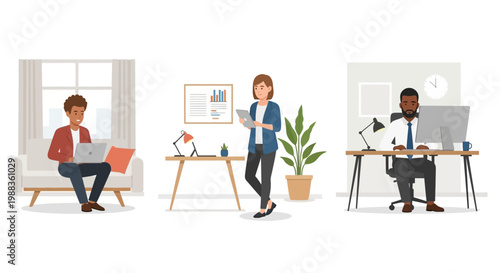 This illustration showcases various professionals diligently working across contemporary settings, highlighting the flexibility and adaptability of modern jobs.