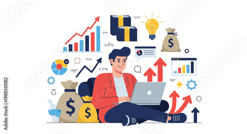 A young entrepreneur confidently manages his online business and investments, surrounded by symbols of financial growth, success, and innovative ideas.