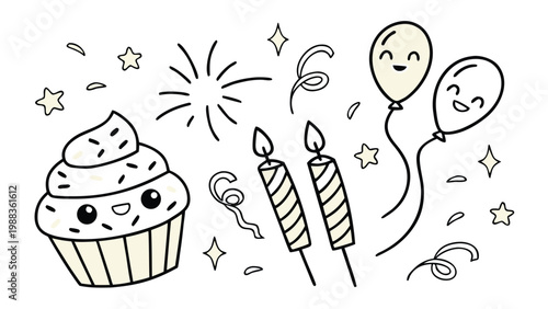 A charming doodle illustration of a cupcake balloons candles and celebratory fireworks