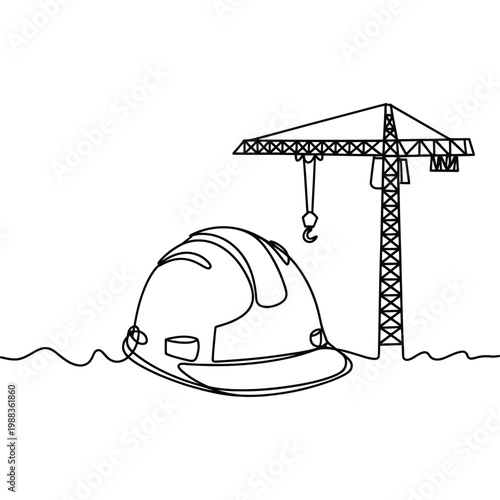 Continuous line drawing of a construction crane and a safety helmet, representing construction industry and worker safety.