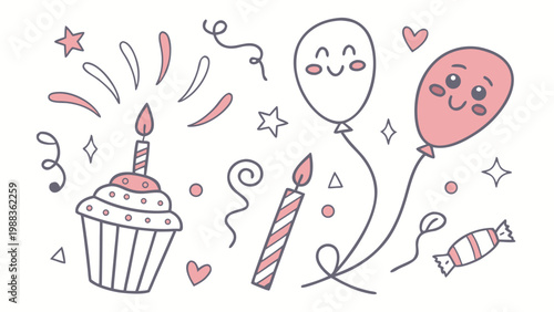 A cheerful illustration featuring balloons a cupcake candles and other celebratory elements