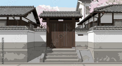 Traditional Japanese entrance gate with cherry blossoms overhead
