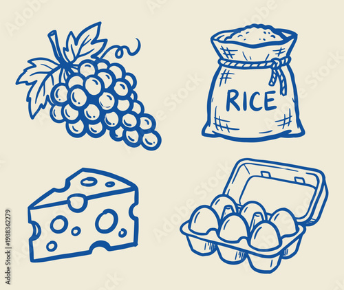 Silhouette staple food icons showing grapes rice cheese and eggs