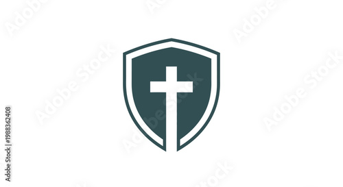 Christian Faith Symbol: Cross Within a Shield, Graphic Representation in Simple Style
