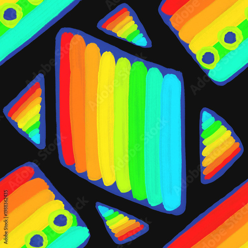 Vibrant Rainbow Geometric Seamless Pattern on Black Background. Template for Pattern, textile, Gift wrapping paper, and etc.