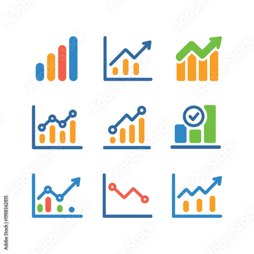 Set of colorful financial chart icons representing business growth data analysis and statistics for professional presentation use.