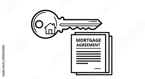 Mortgage Agreement Key with House Icon and Document.