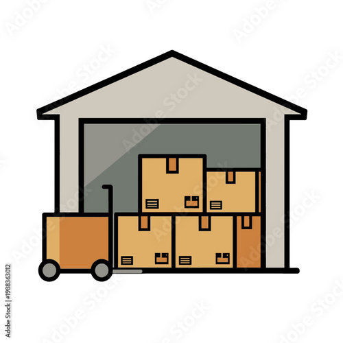 Warehouse with Boxes and Pallet Jack Flat Icon
