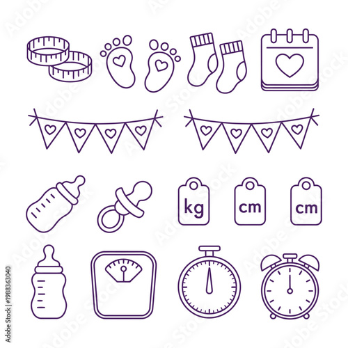 Collection of purple baby birth announcement icons featuring footprints bottles socks and measuring tape for newborn celebration.