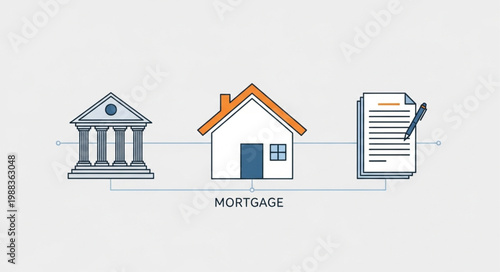 Mortgage concept illustration with bank house and contract.