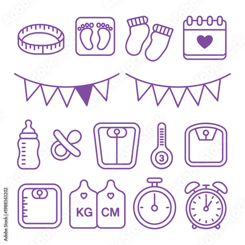 Newborn baby measurement and care icons set in purple outline style including scale thermometer and bottle for parenting design.