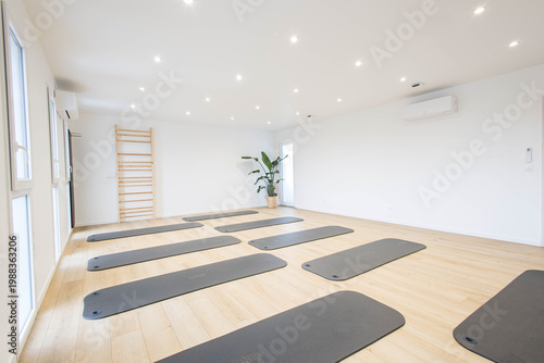 Une salle de yoga neuve et sans personne avec des tapis sur le sol, les murs sont blancs et une plante est visible dans le fond