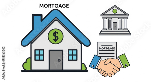 Mortgage concept with house bank and handshake agreement.