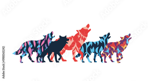 Tableau sur toile Abstract wolf pack silhouettes with colorful geometric patterns, howling wild wo