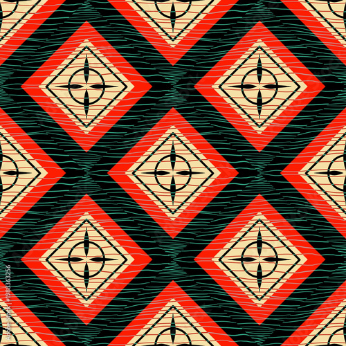 Seamless geometric pattern with red and black diamond shapes. Template for Pattern, textile, Gift wrapping paper, and etc.