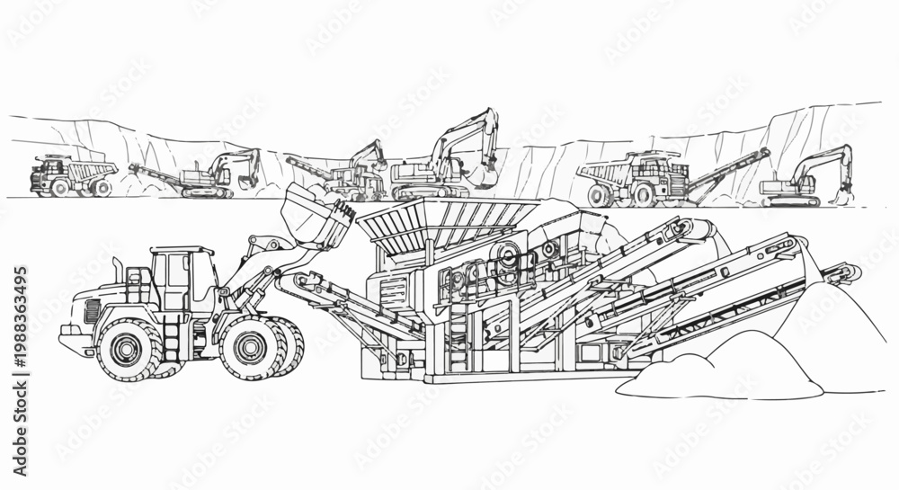 Fototapeta premium Excavators, dump trucks, and a crushing machine operate in a quarry