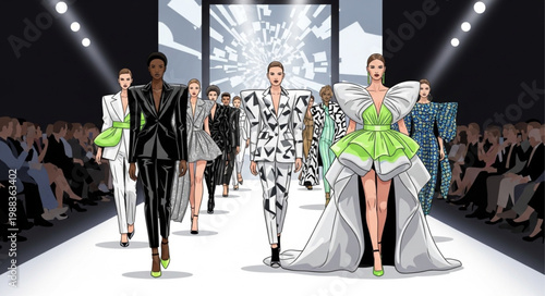 Models walking down fashion runway.