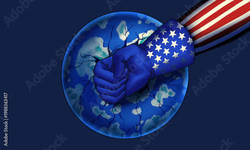 American Flag Fist Punching and Cracking the Earth Globe. Concept of Global Influence, Power. Template for Illustration, Banner, and etc.