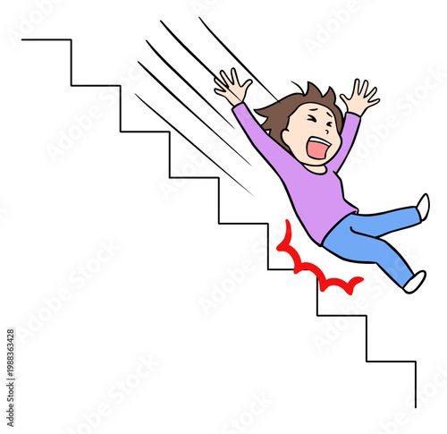 階段から足を踏み外して腰を打ちつけ転落する女性のイラスト