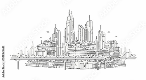 Futuristic city skyline with advanced architecture and elevated transport infrastructure