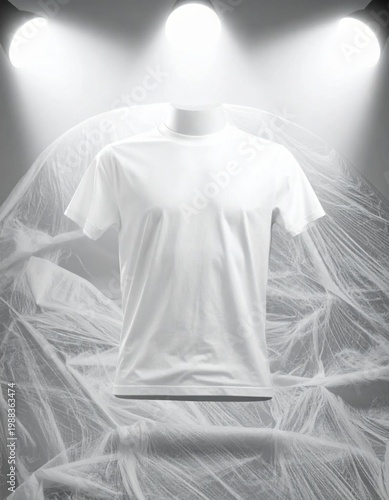 isolated white crew neck t-shirt on mannequin under spotlight, apparel mockup, blank clothing for print design, fashion retail photography