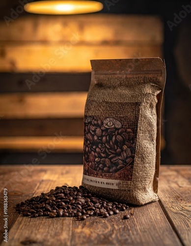 coffee bean package standing on rustic wooden table with spilled roasted beans, moody warm lighting, cafe interior atmosphere, coffee supply