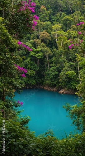 Stunning scenic overlook of a tranquil blue lagoon framed by dense green jungle foliage and flowering exotic plants on a summer day, tranquil, flower, green