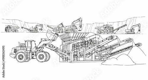 Excavators, dump trucks, and a crushing machine operate in a quarry