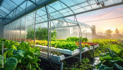 Hydroponic greenhouse with fresh green lettuce and vegetables under morning sun irrigation mist, sustainable farming, agriculture technology