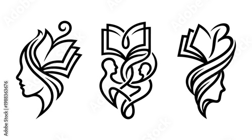 Elegant Black and White Book and Woman Logo Set